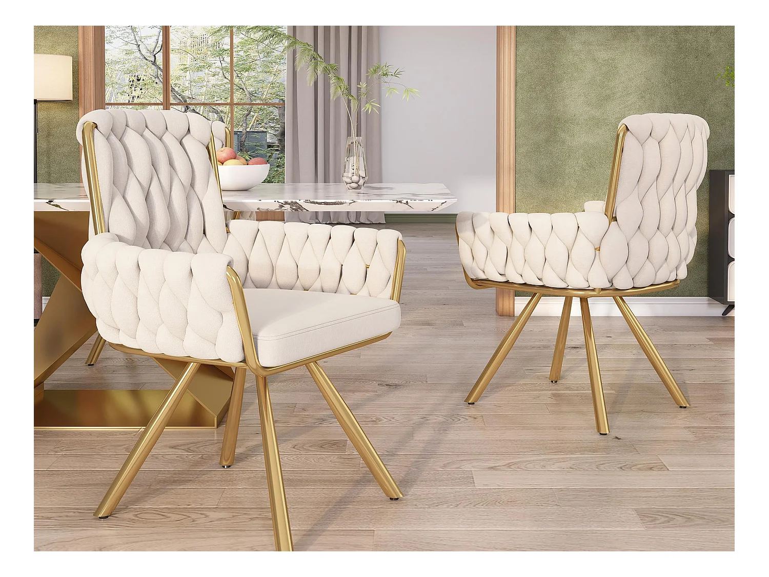 Lot de 2 Chaises pivotantes en velours avec accoudoirs - pieds en métal doré - Beige