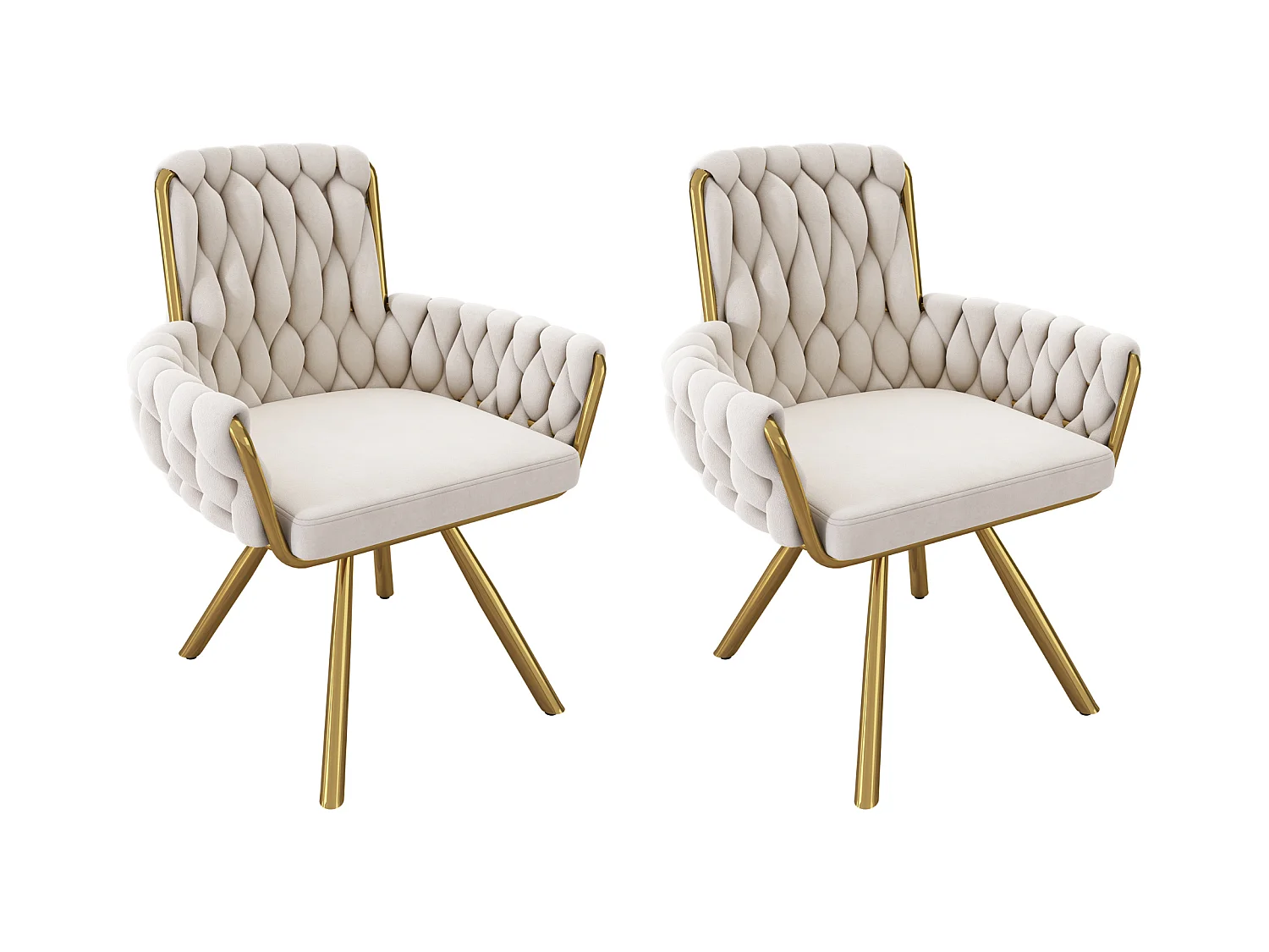 Lot de 2 Chaises pivotantes en velours avec accoudoirs - pieds en métal doré - Beige