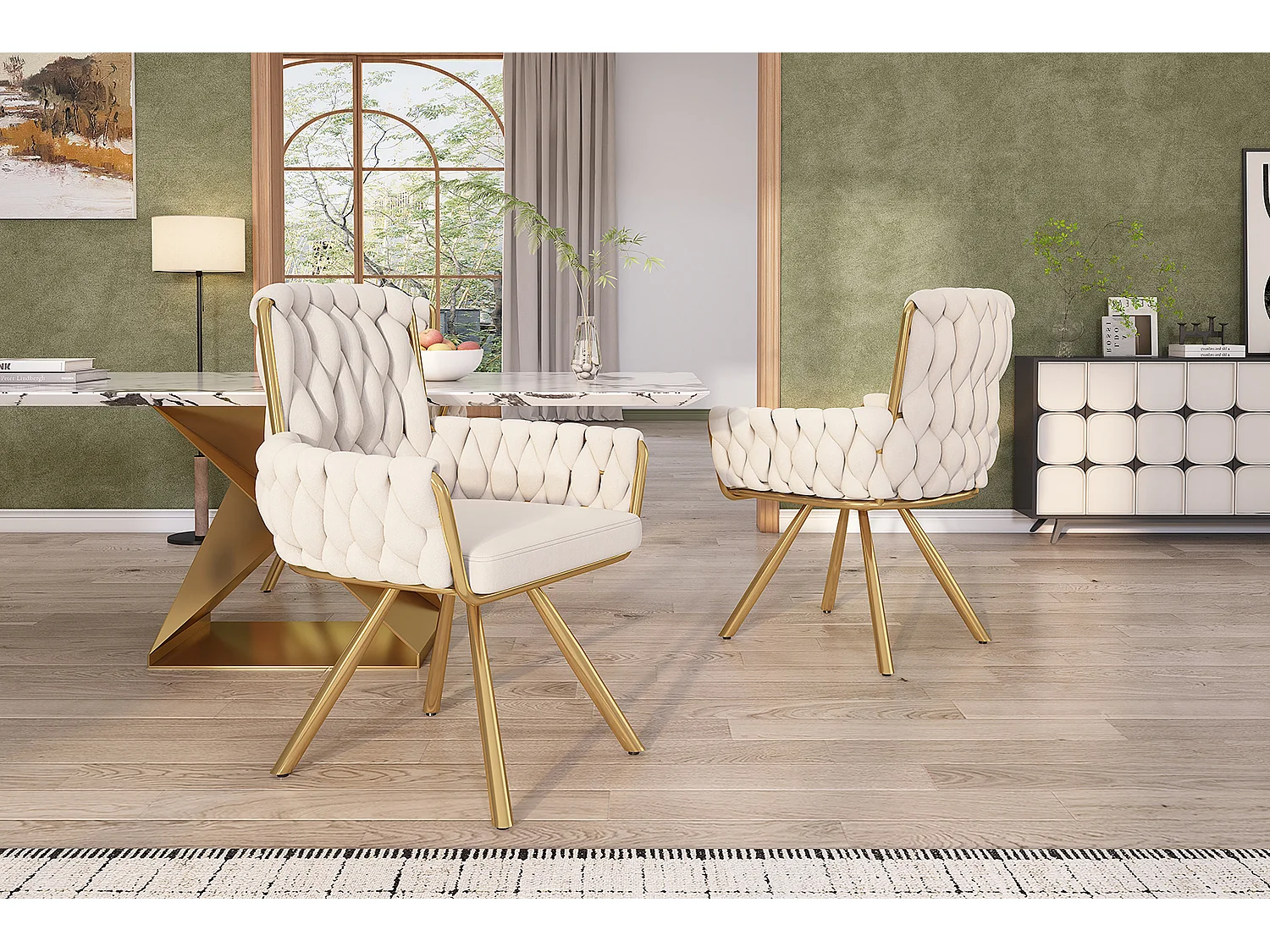 Lot de 2 Chaises pivotantes en velours avec accoudoirs - pieds en métal doré - Beige