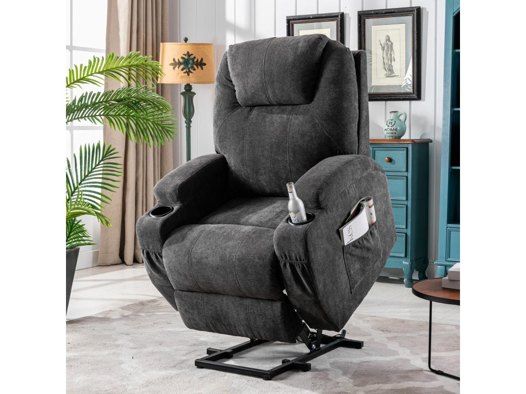 Sillón relax eléctrico con funciones de calefacción y vibración - 2 portavasos y bolsillos laterales - Gris