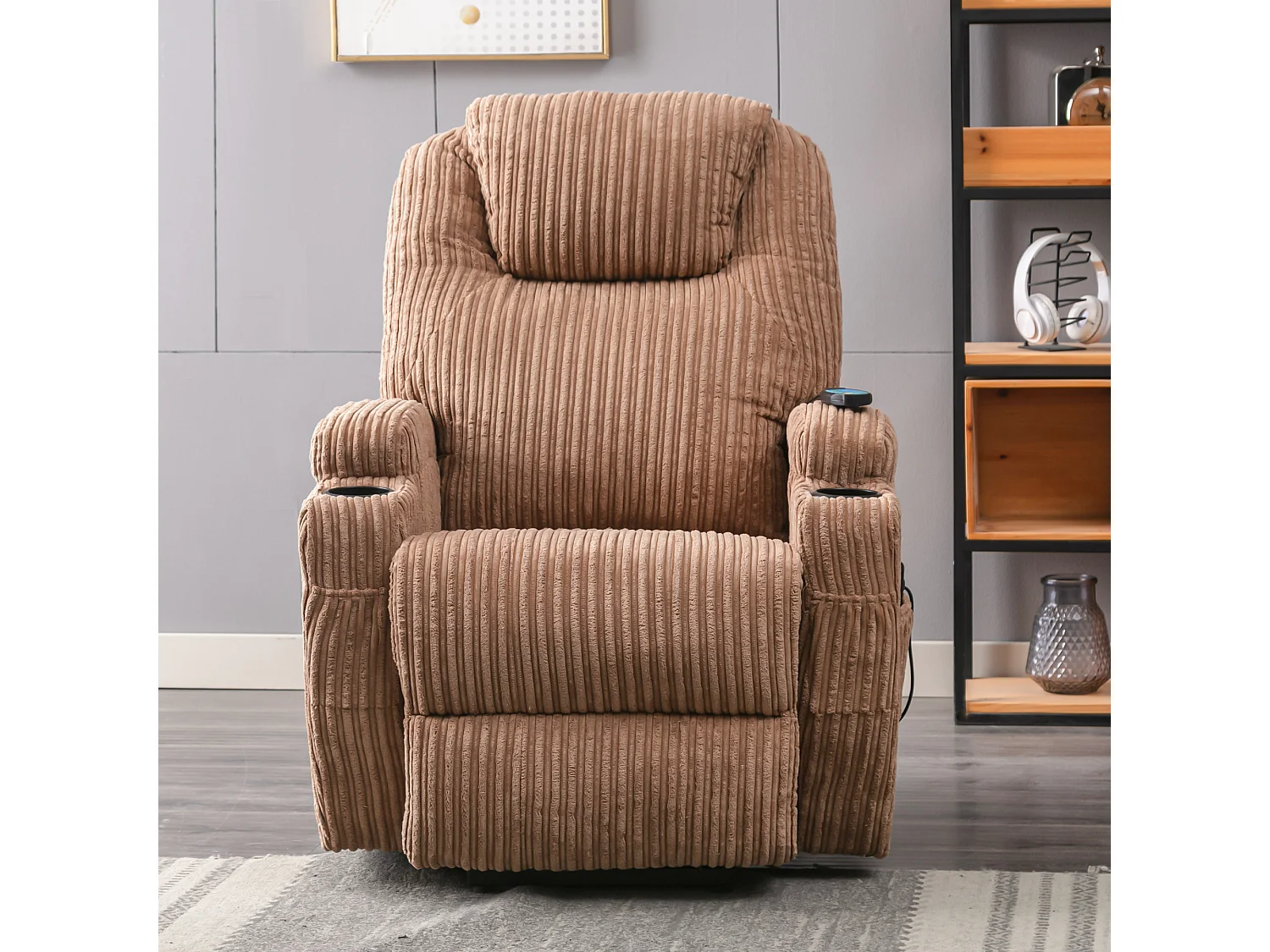 Fauteuil relax électrique avec fonctions de chauffage et de vibration - 2 porte-gobelets et poches latéralles - Marron