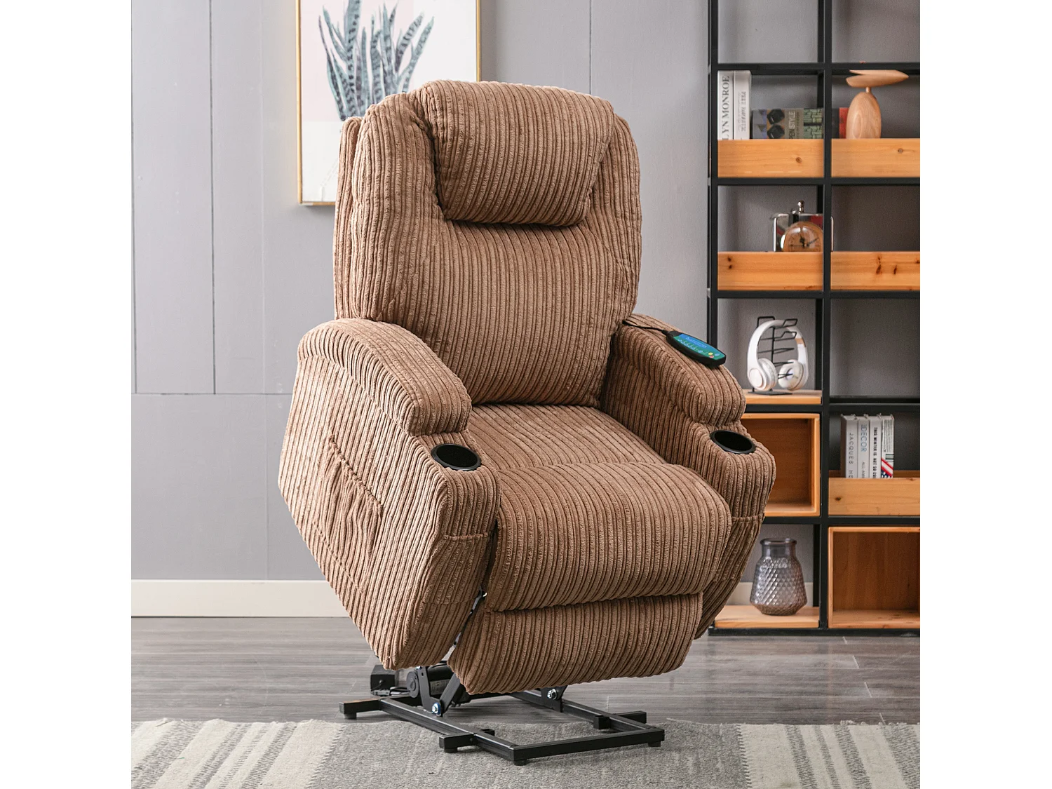 Fauteuil relax électrique avec fonctions de chauffage et de vibration - 2 porte-gobelets et poches latéralles - Marron