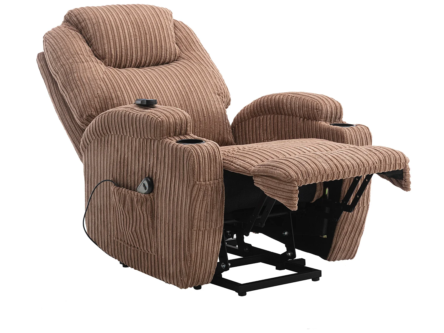Fauteuil relax électrique avec fonctions de chauffage et de vibration - 2 porte-gobelets et poches latéralles - Marron