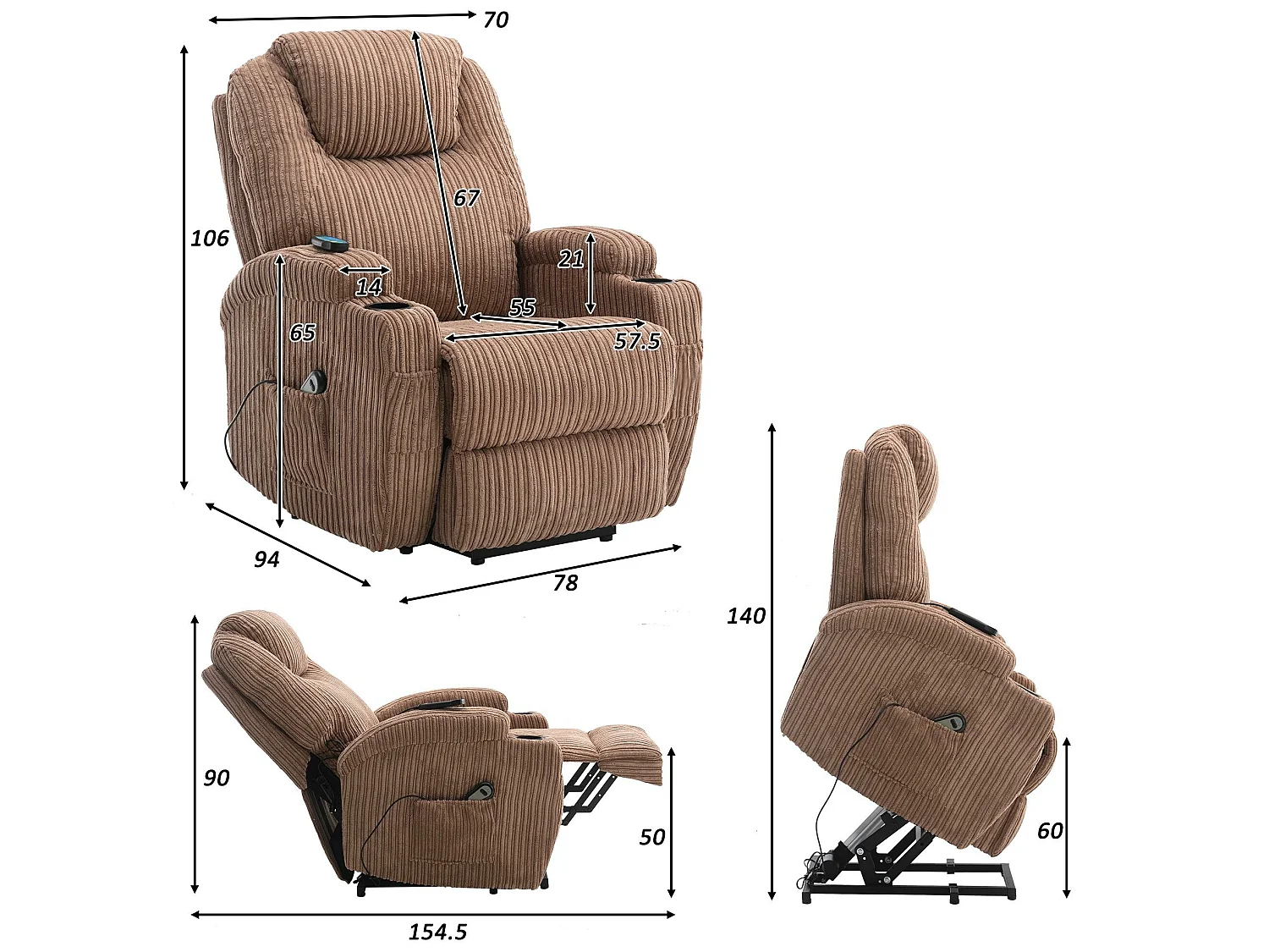 Fauteuil relax électrique avec fonctions de chauffage et de vibration - 2 porte-gobelets et poches latéralles - Marron