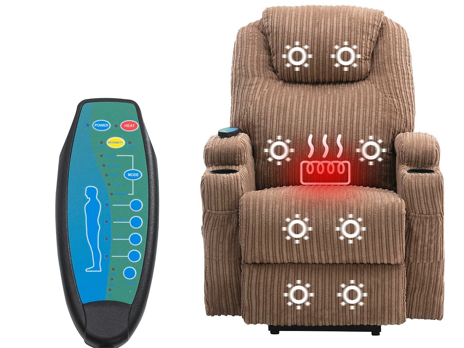 Fauteuil relax électrique avec fonctions de chauffage et de vibration - 2 porte-gobelets et poches latéralles - Marron