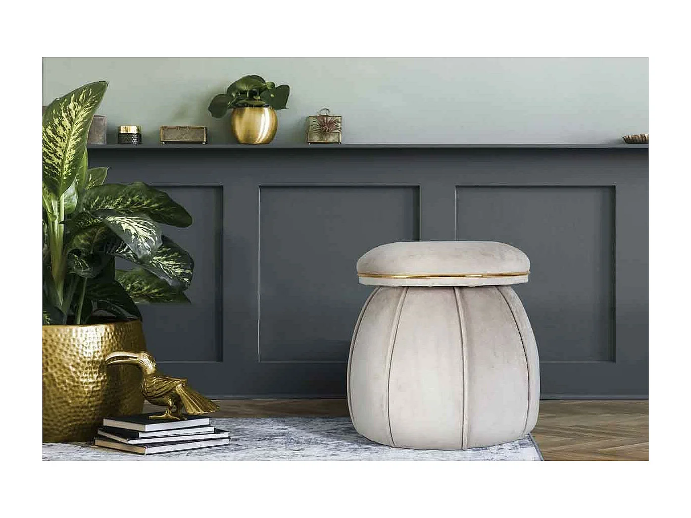 Tabouret Rond Design "Corin" 55cm Taupe & Or