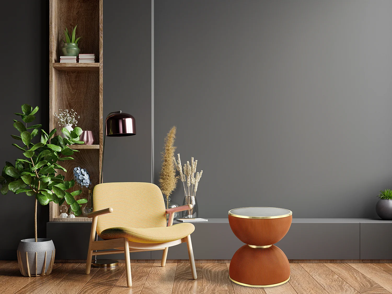 Table d'Appoint Design "Jokai" 51cm Cognac & Or