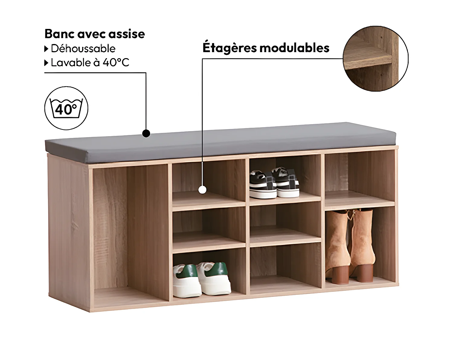 Banc Range-Chaussures "8 Paires" 105cm Naturel