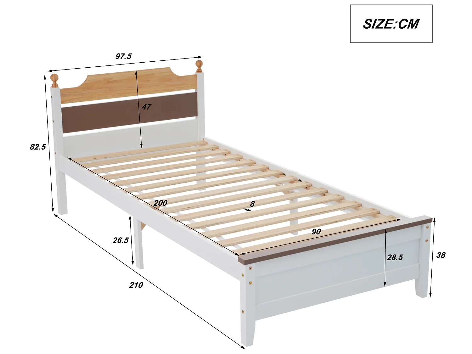 Bed met hoofdeinde - 90 x 200 cm - grenen - lattenbodem - kleur wit