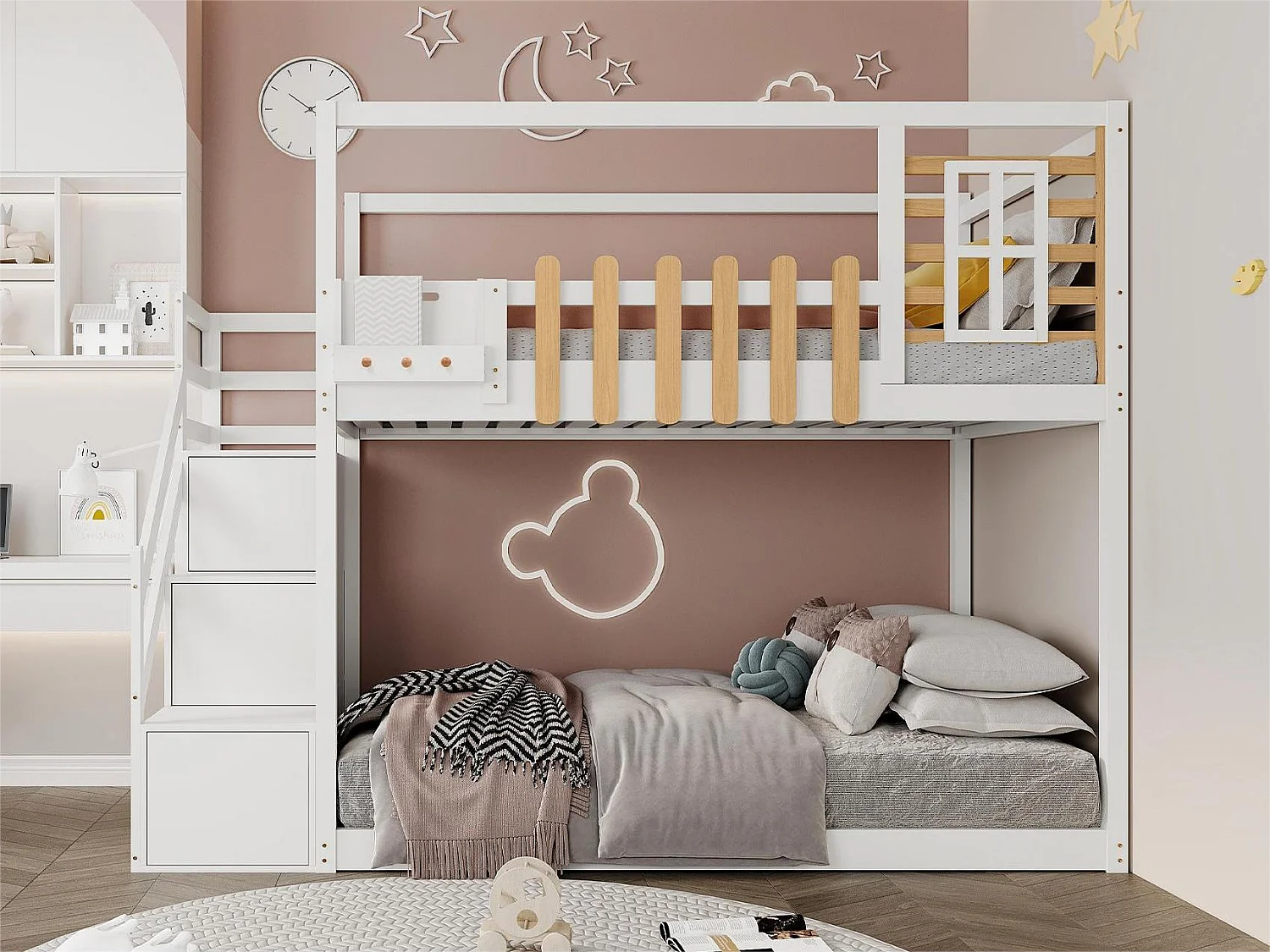 Lit superposé avec rangement - 2 x 90 x 200 cm - 3 niches - sommier à lattes - coloris blanc