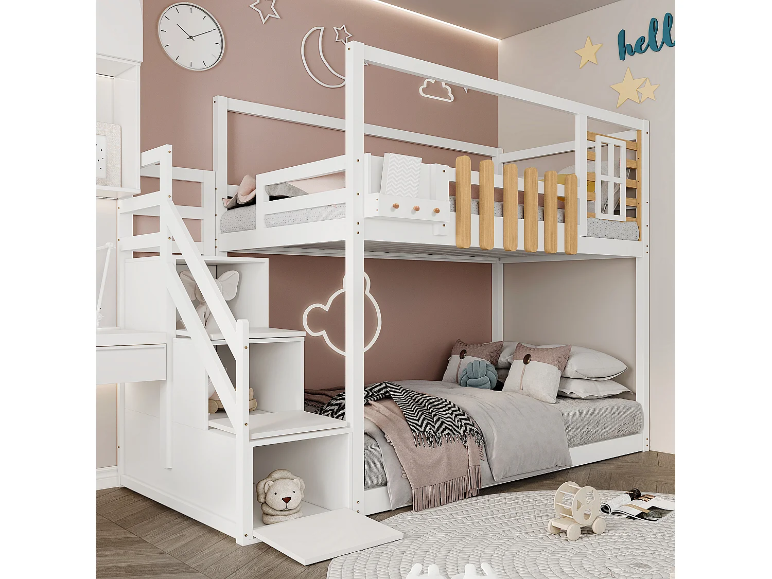 Lit superposé avec rangement - 2 x 90 x 200 cm - 3 niches - sommier à lattes - coloris blanc