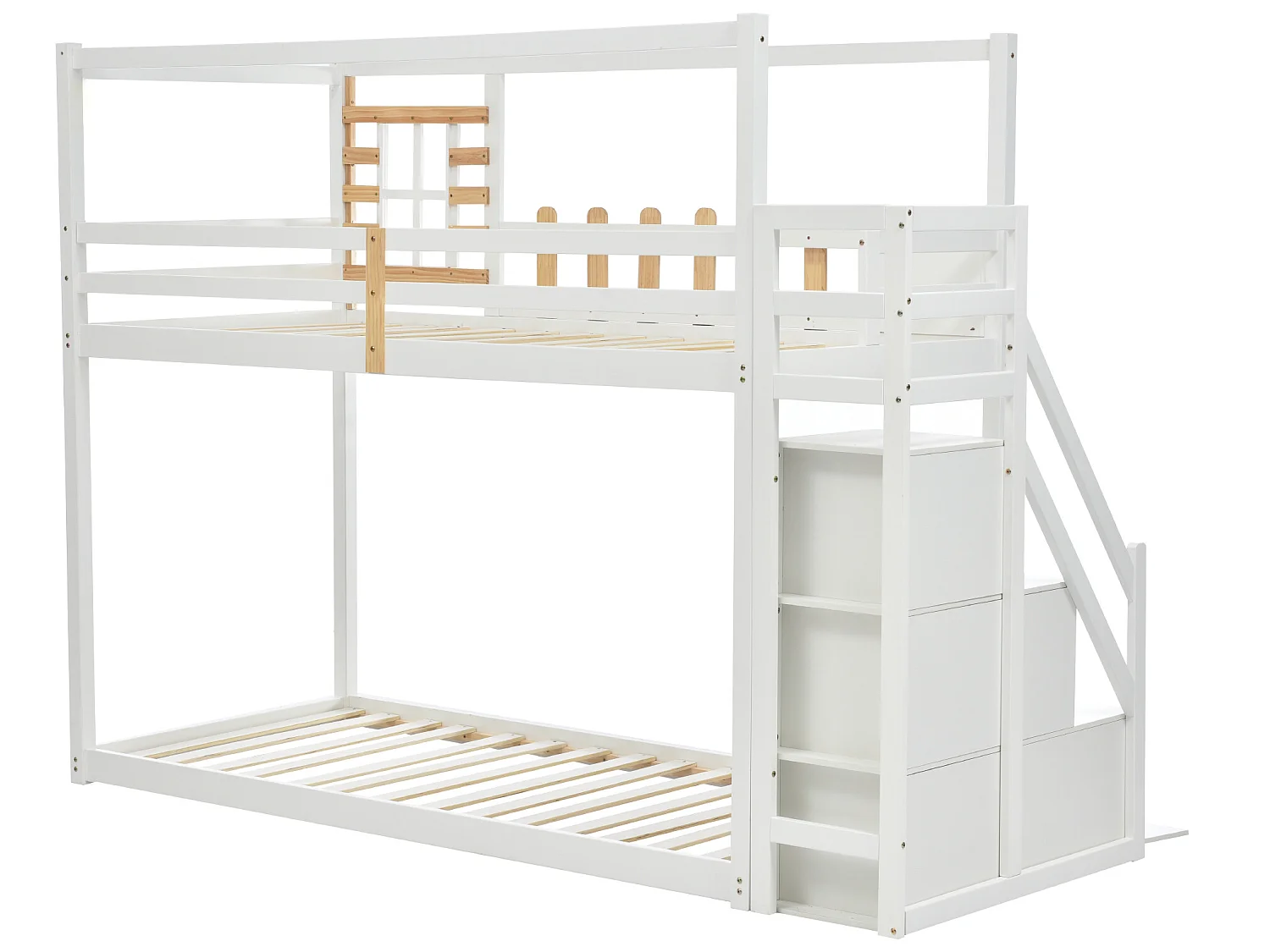 Lit superposé avec rangement - 2 x 90 x 200 cm - 3 niches - sommier à lattes - coloris blanc