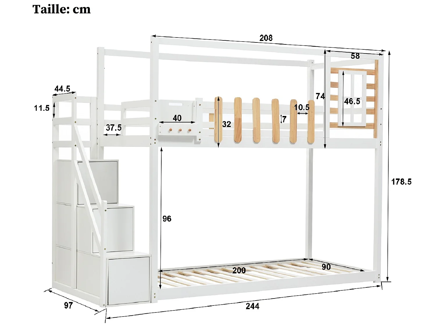 Lit superposé avec rangement - 2 x 90 x 200 cm - 3 niches - sommier à lattes - coloris blanc