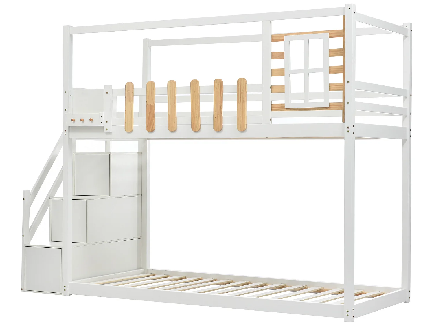 Lit superposé avec rangement - 2 x 90 x 200 cm - 3 niches - sommier à lattes - coloris blanc