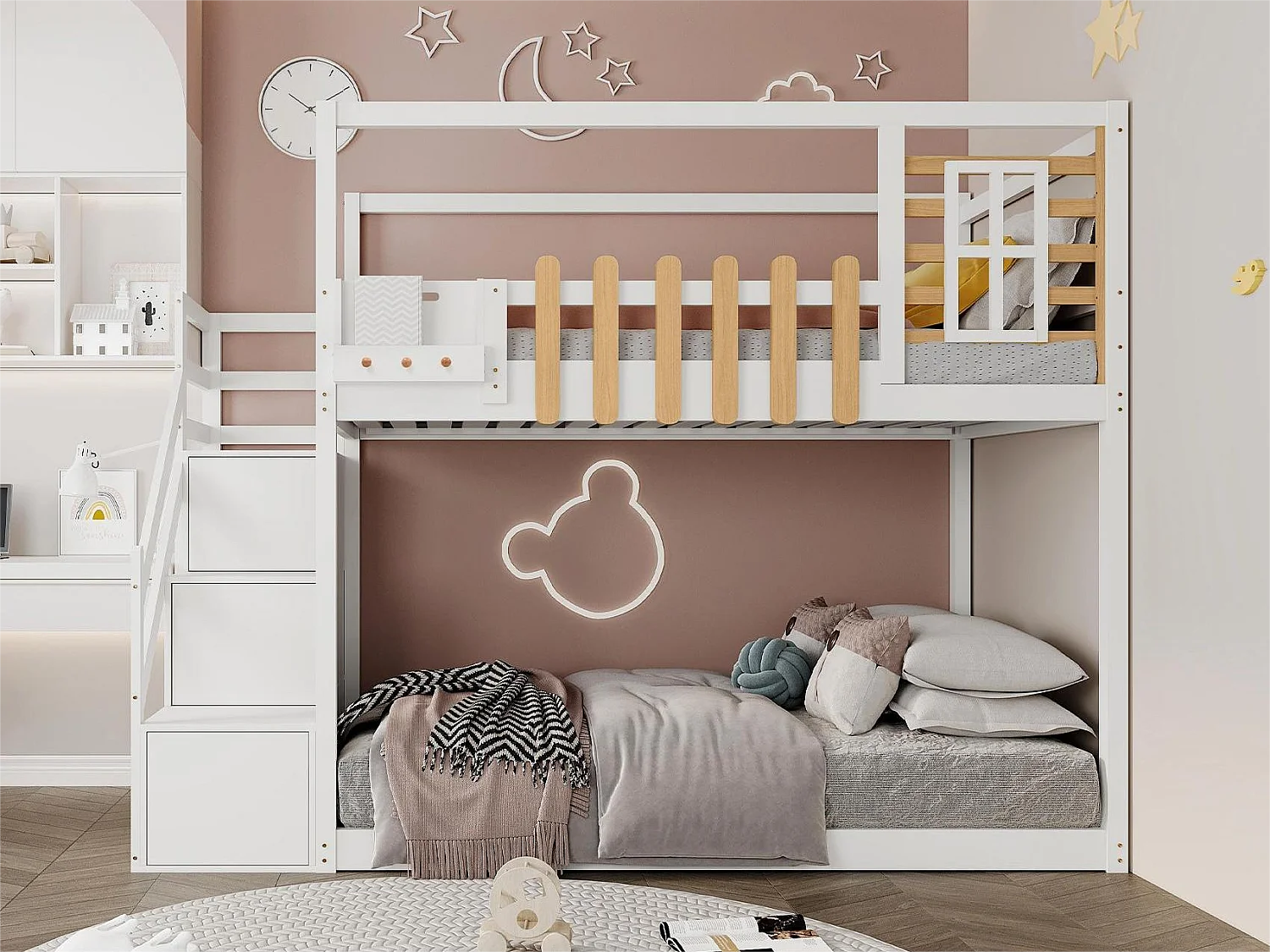 Etagenbett mit Stauraum – 2 x 90 x 200 cm – 3 Nischen – Lattenrost – Farbe Weiß