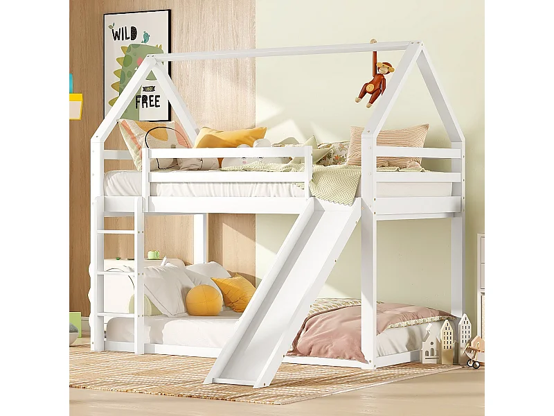 Stapelbed - 2 x 90 x 200 cm - ladder en glijbaan - lattenbodem - wit
