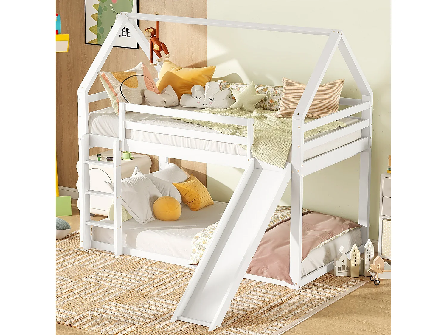 Lit superposé 2 places - 2 x 90 x 200 cm - échelle et toboggan - sommier à lattes - coloris blanc