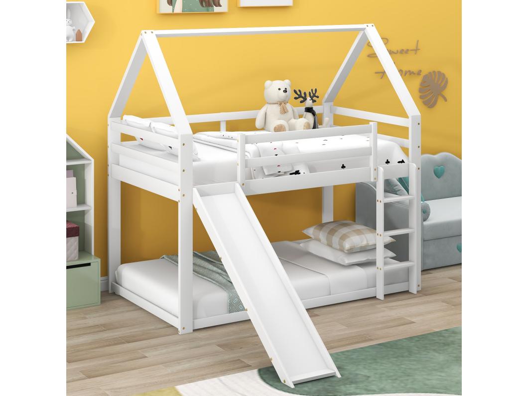 Litera de 2 plazas - 2 x 90 x 200 cm - escalera y tobogán - somier de láminas - color blanco