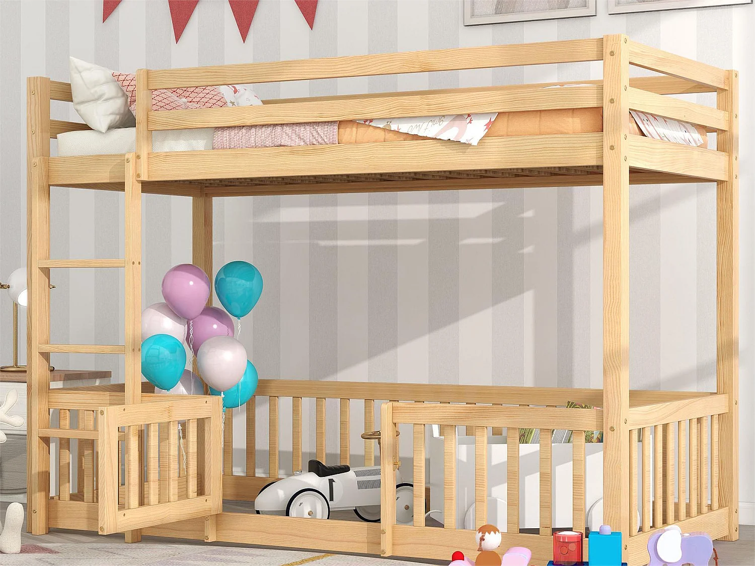 Beliche de 2 lugares - 2 x 90 x 200 cm - barreiras e porta - madeira maciça - cor natural