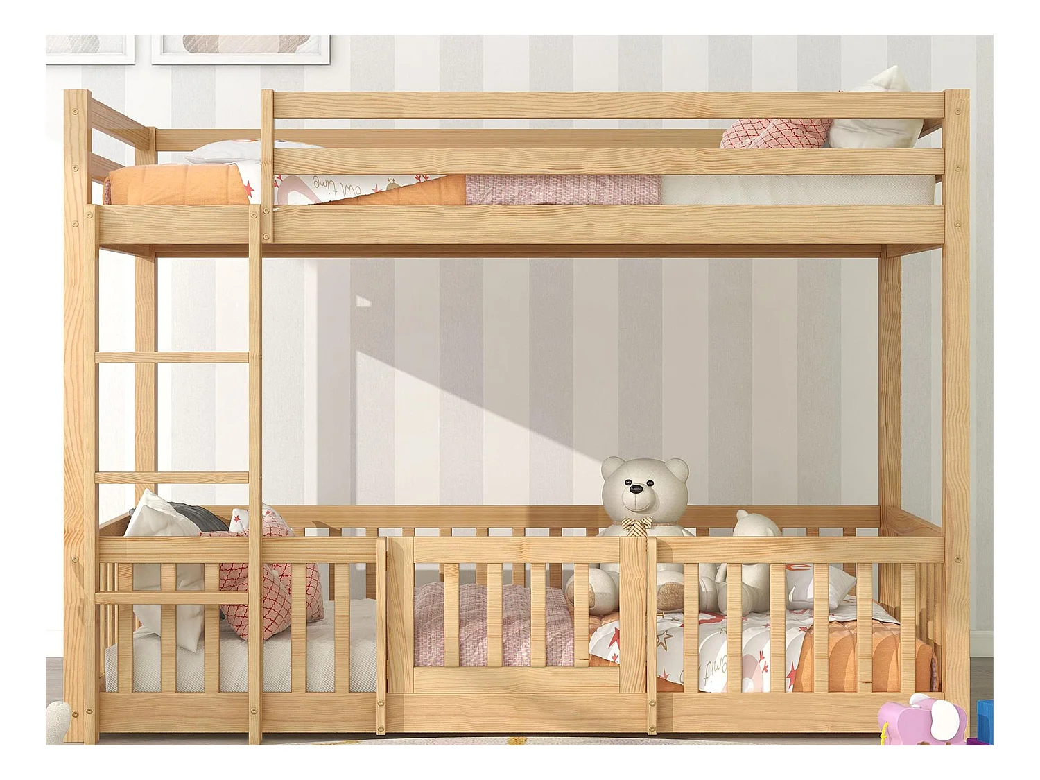 Beliche de 2 lugares - 2 x 90 x 200 cm - barreiras e porta - madeira maciça - cor natural