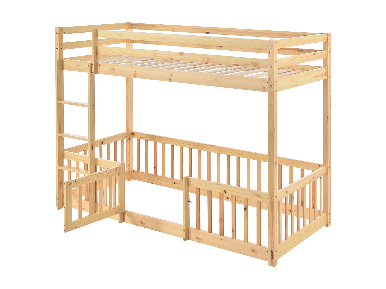 Beliche de 2 lugares - 2 x 90 x 200 cm - barreiras e porta - madeira maciça - cor natural