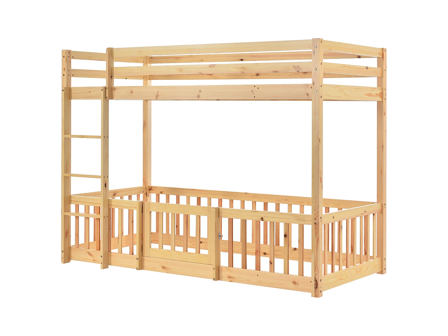 Letto a castello 2 posti - 2 x 90 x 200 cm - sponde e porta - legno massiccio - colore naturale