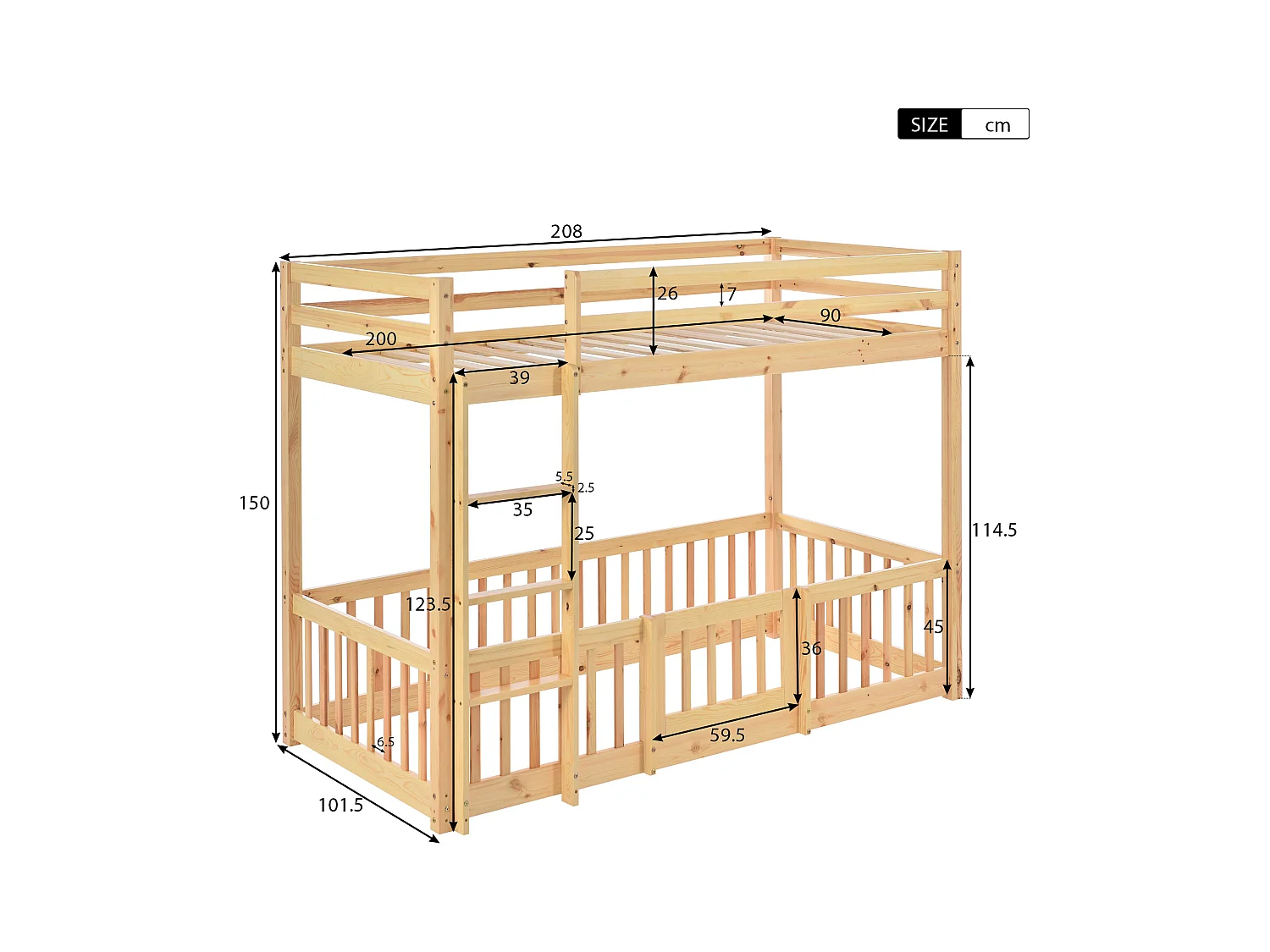 Letto a castello 2 posti - 2 x 90 x 200 cm - sponde e porta - legno massiccio - colore naturale