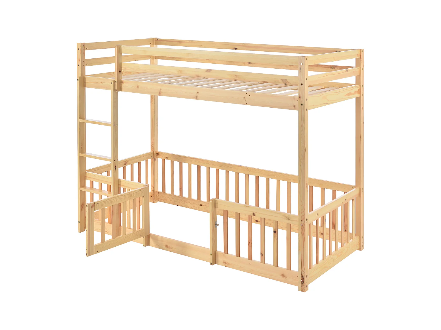 Letto a castello 2 posti - 2 x 90 x 200 cm - sponde e porta - legno massiccio - colore naturale