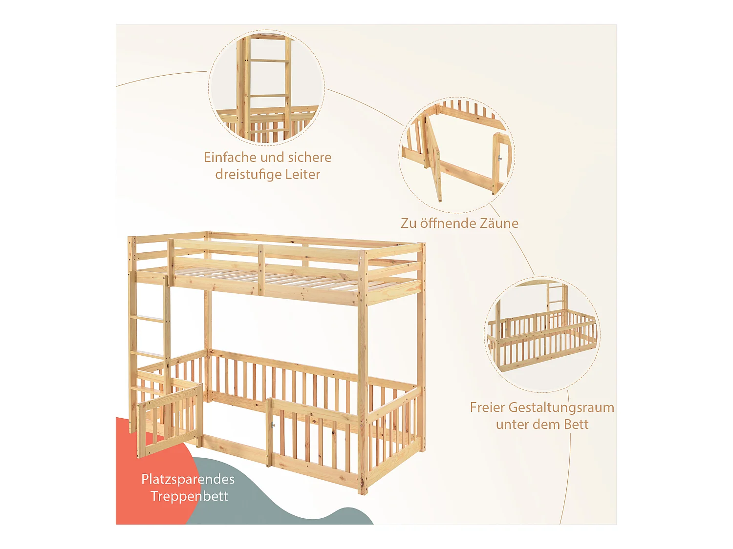 Letto a castello 2 posti - 2 x 90 x 200 cm - sponde e porta - legno massiccio - colore naturale