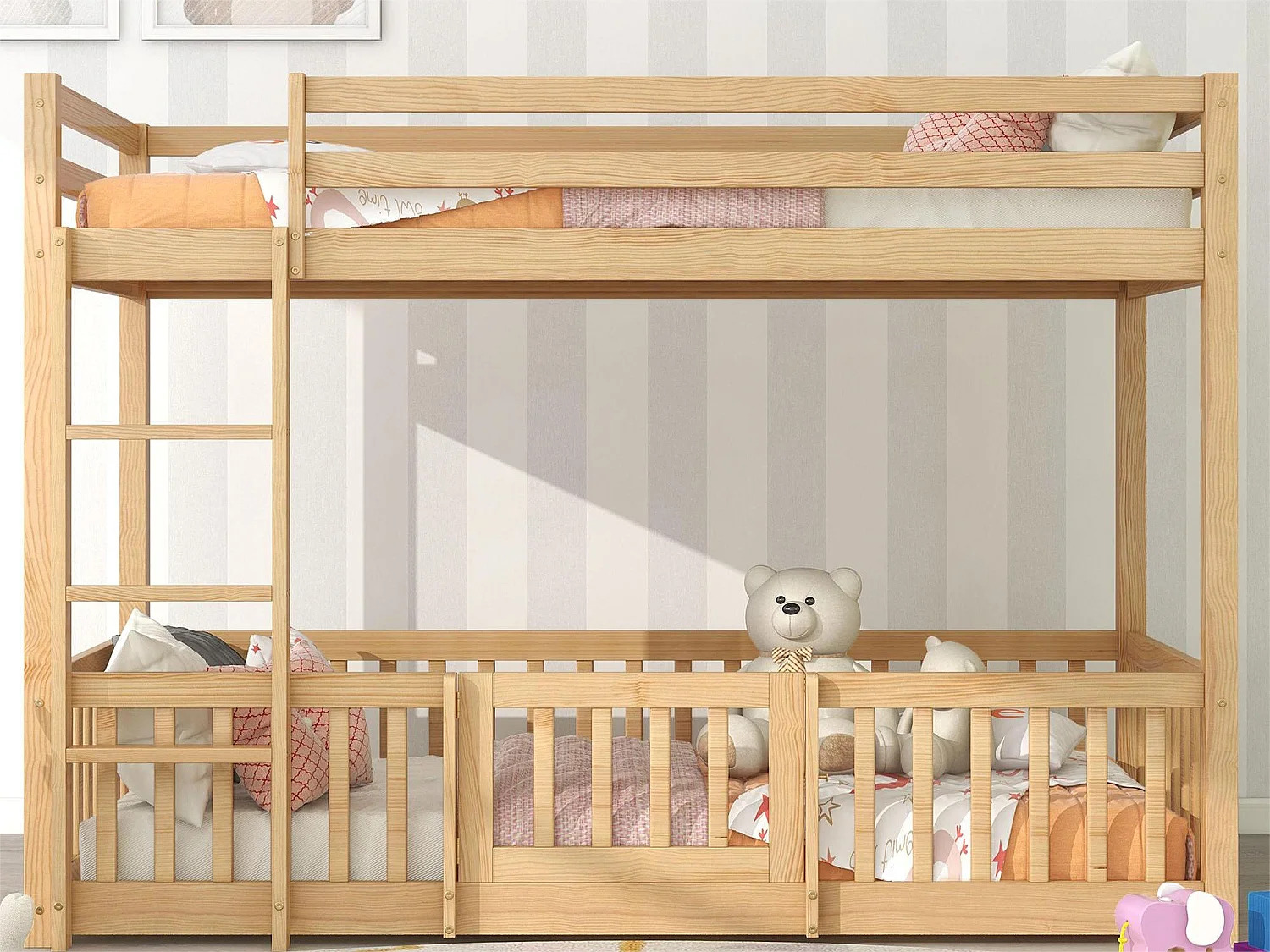 Beliche de 2 lugares - 2 x 90 x 200 cm - barreiras e porta - madeira maciça - cor natural