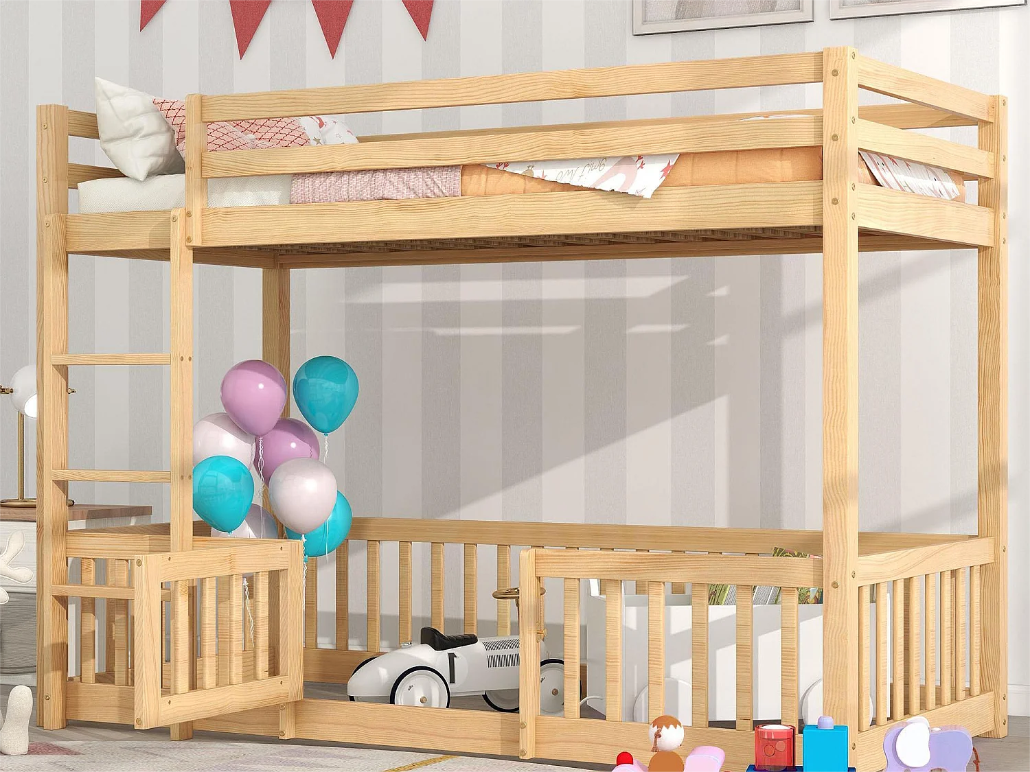 Lit superposé 2 places - 2 x 90 x 200 cm - barrières et porte - bois massif - coloris naturel