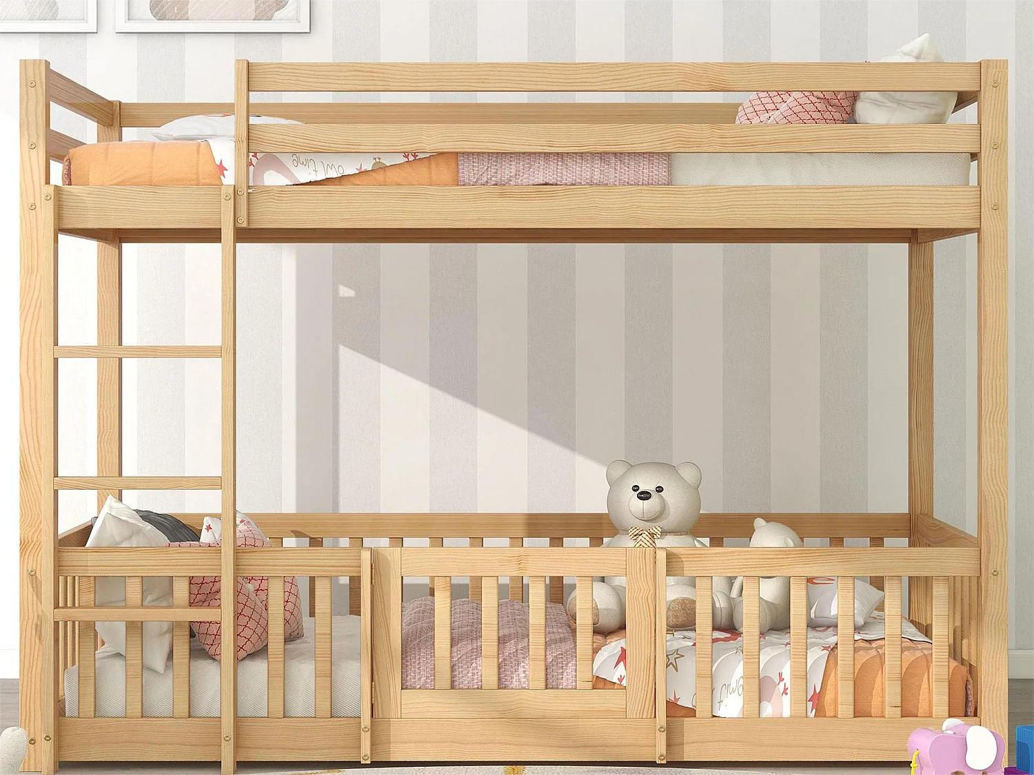 Lit superposé 2 places - 2 x 90 x 200 cm - barrières et porte - bois massif - coloris naturel