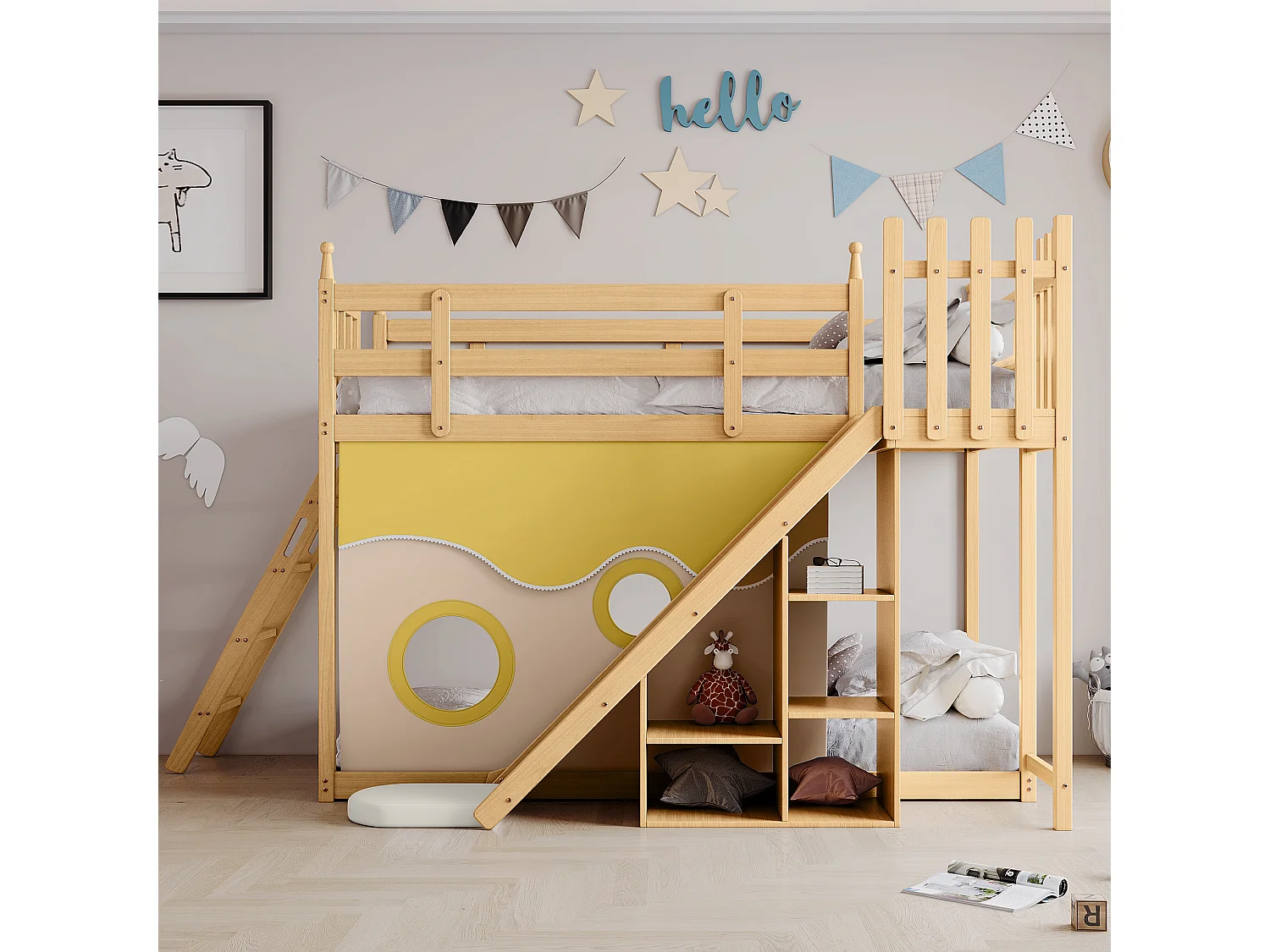 Lit superposé - 2 x 90 x 200 cm - étagères de rangement, toboggan et rideau - sommier à lattes - coloris naturel