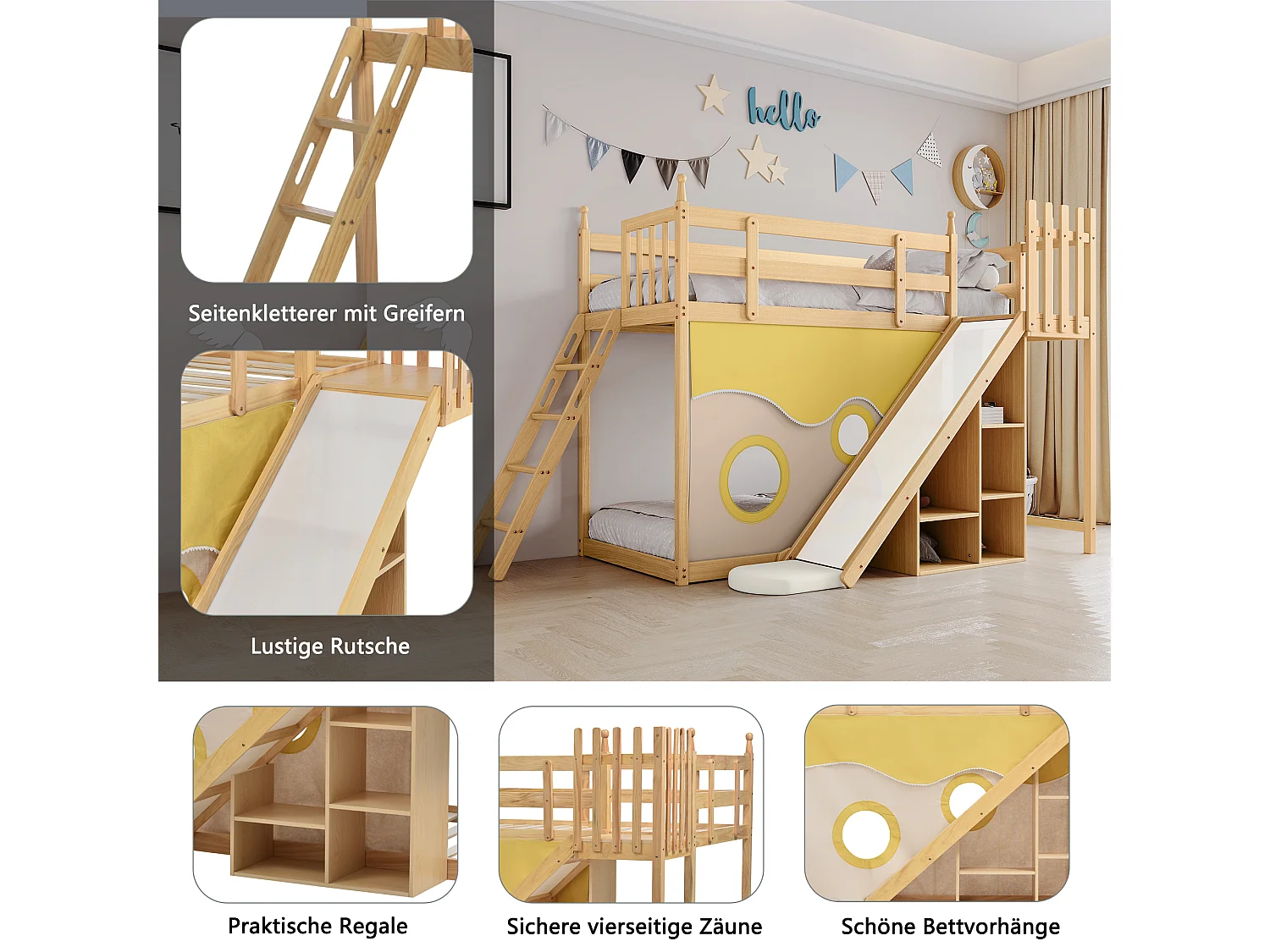 Lit superposé - 2 x 90 x 200 cm - étagères de rangement, toboggan et rideau - sommier à lattes - coloris naturel