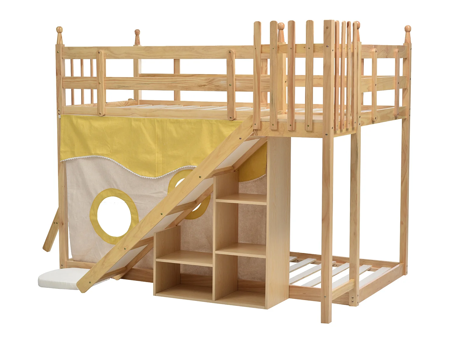 Lit superposé - 2 x 90 x 200 cm - étagères de rangement, toboggan et rideau - sommier à lattes - coloris naturel