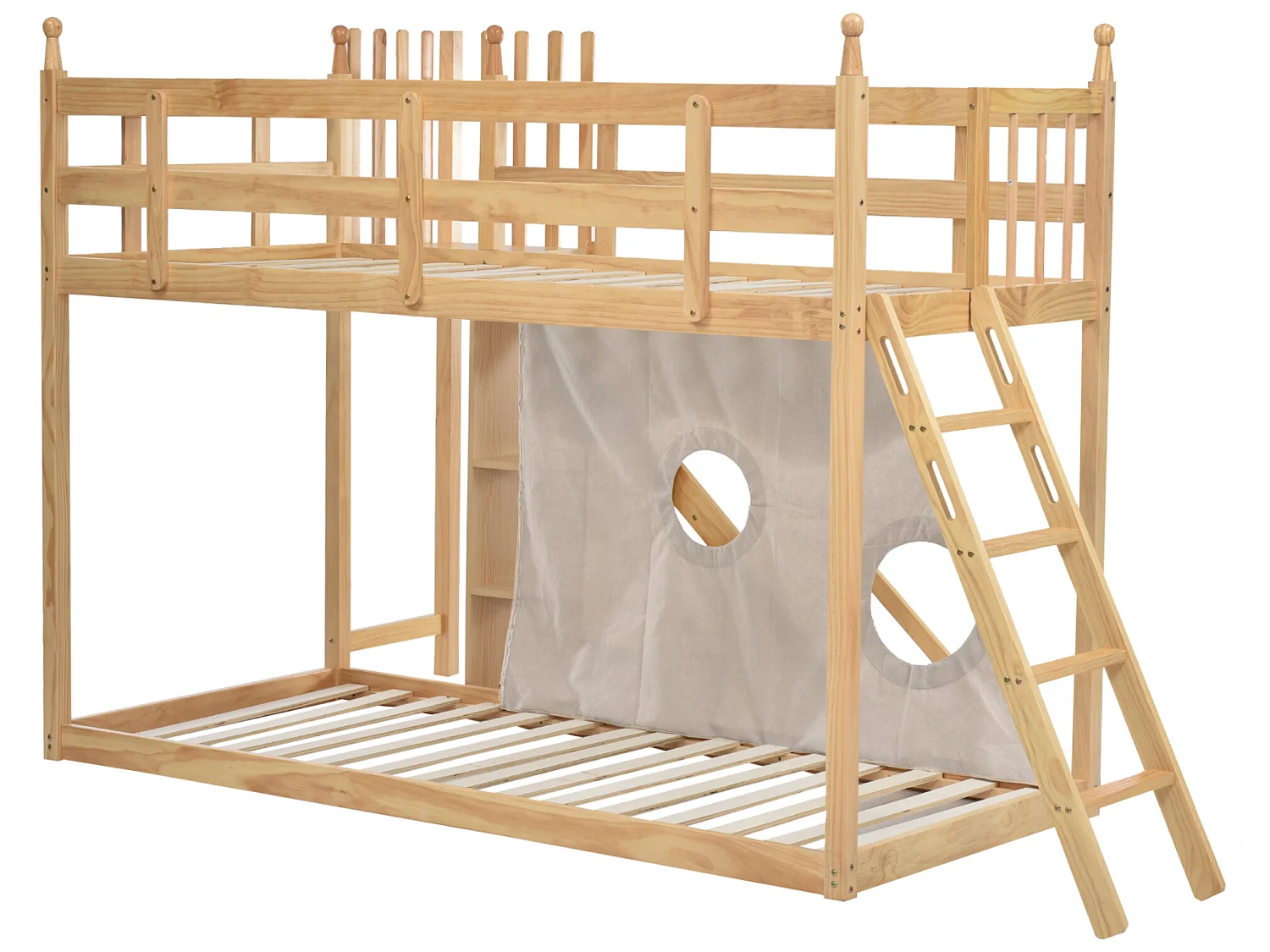 Lit superposé - 2 x 90 x 200 cm - étagères de rangement, toboggan et rideau - sommier à lattes - coloris naturel