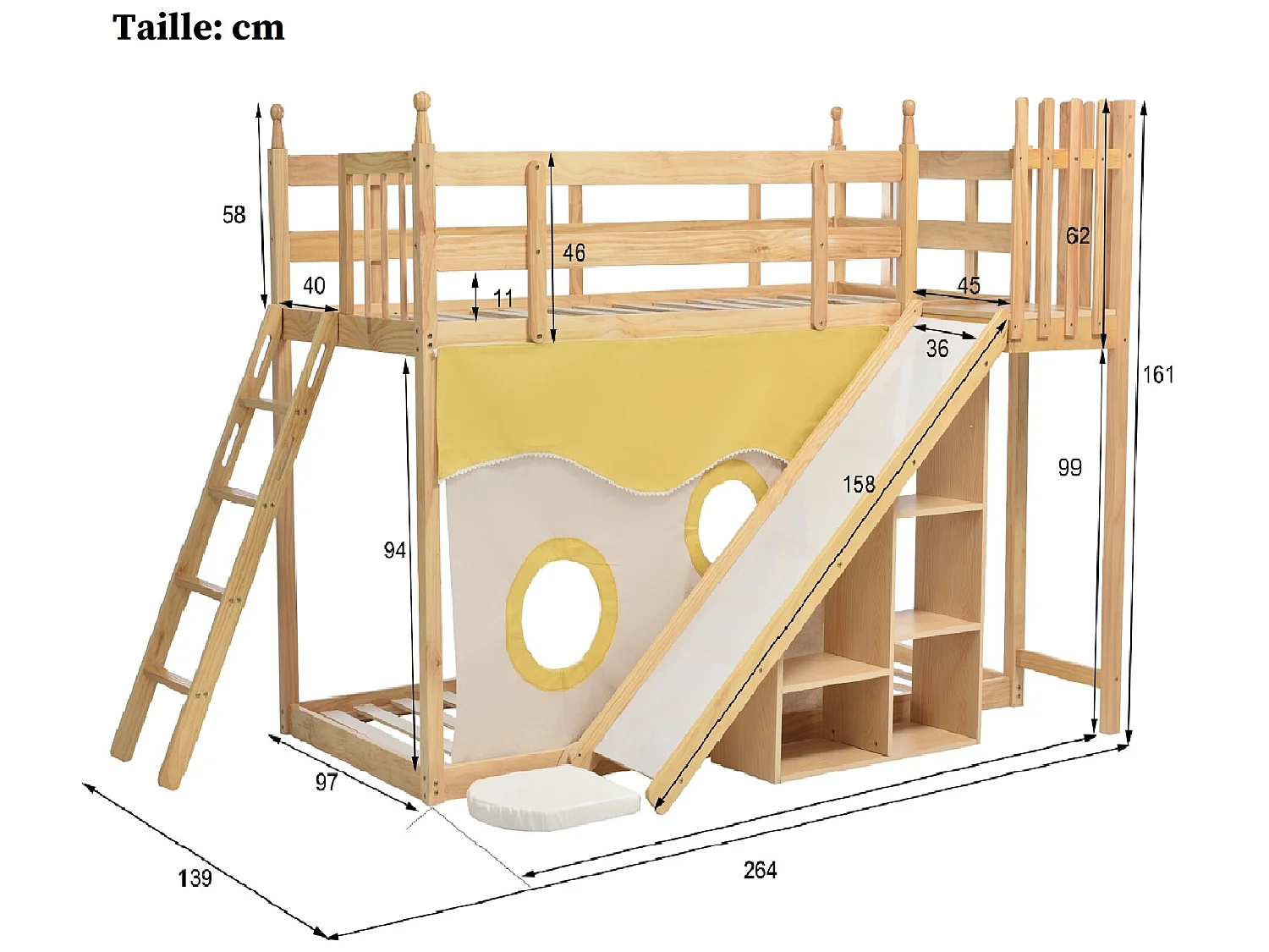 Lit superposé - 2 x 90 x 200 cm - étagères de rangement, toboggan et rideau - sommier à lattes - coloris naturel