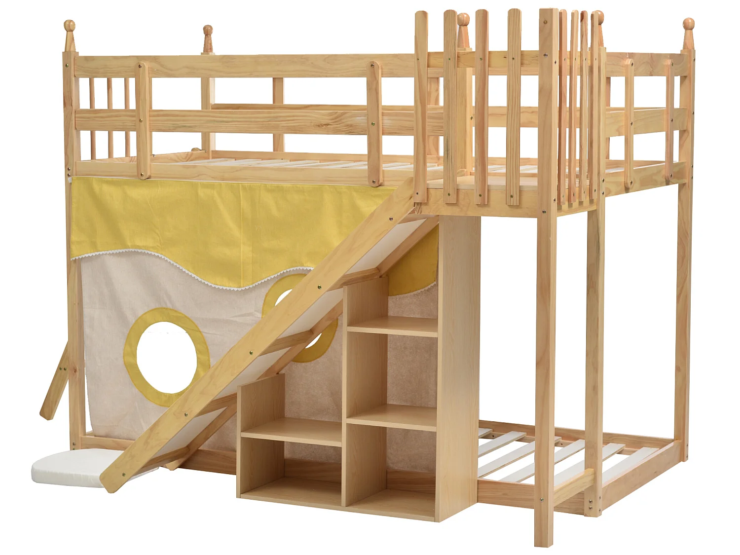 Lit superposé - 2 x 90 x 200 cm - étagères de rangement, toboggan et rideau - sommier à lattes - coloris naturel