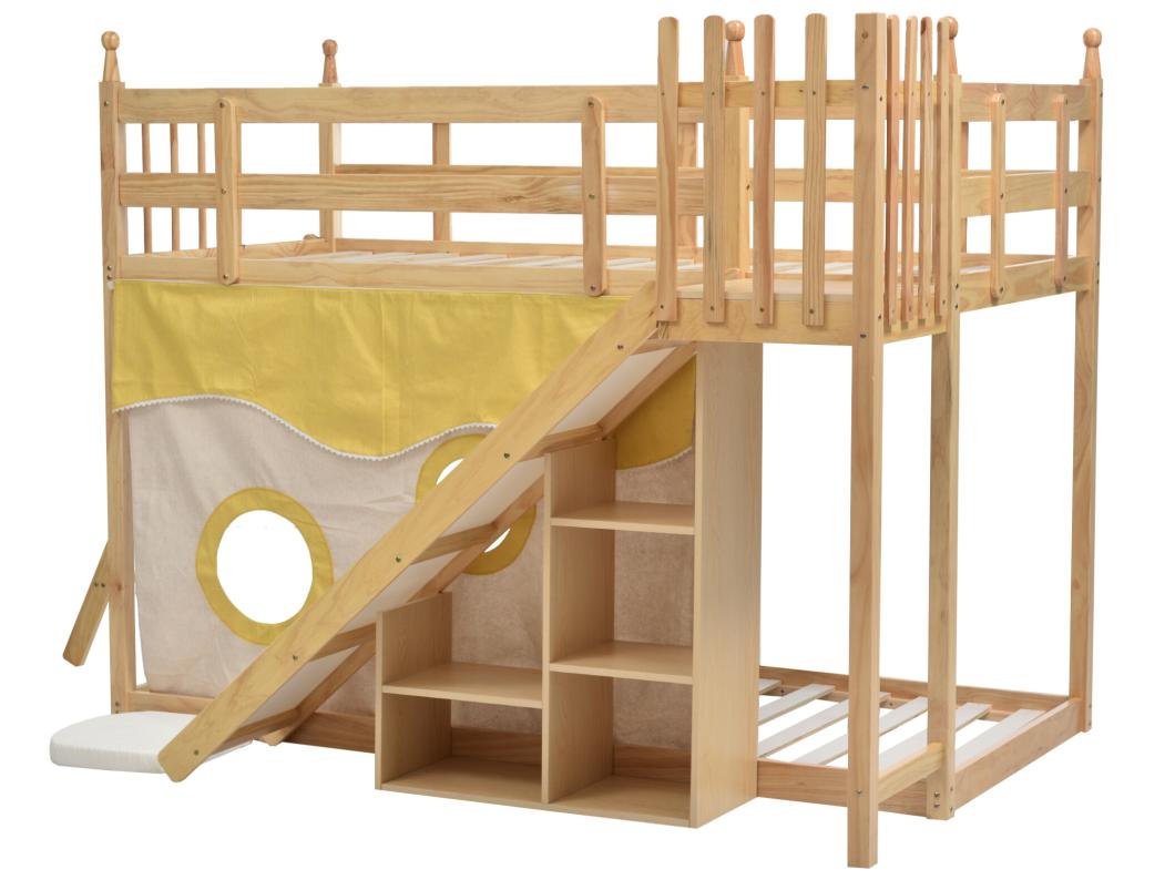 Beliche - 2 x 90 x 200 cm - prateleiras de arrumação, escorregador e cortina - base de ripas - cor natural