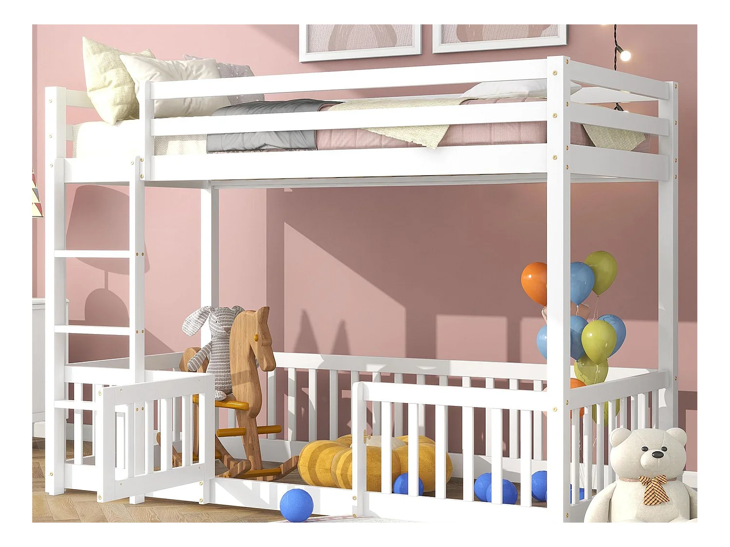 Lit superposé 2 places - 2 x 90 x 200 cm - barrières et portes - sommier à lattes - coloris blanc