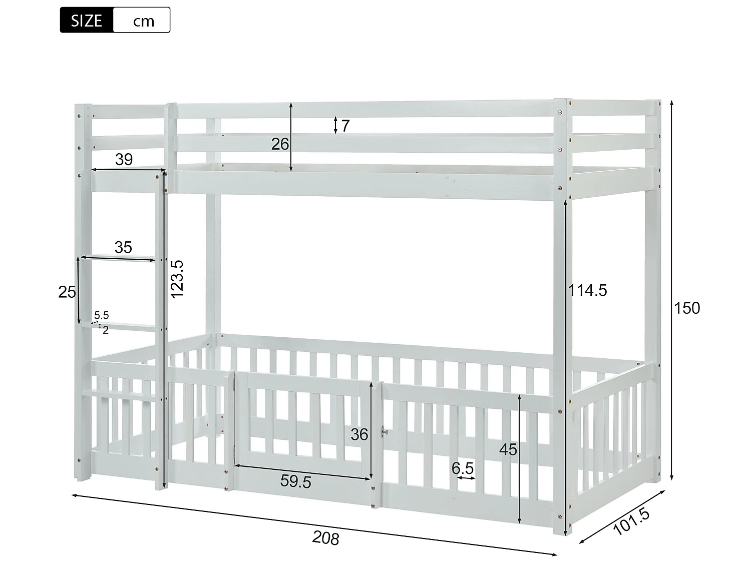 Lit superposé 2 places - 2 x 90 x 200 cm - barrières et portes - sommier à lattes - coloris blanc