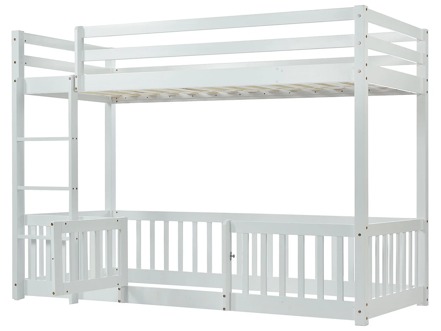 Lit superposé 2 places - 2 x 90 x 200 cm - barrières et portes - sommier à lattes - coloris blanc