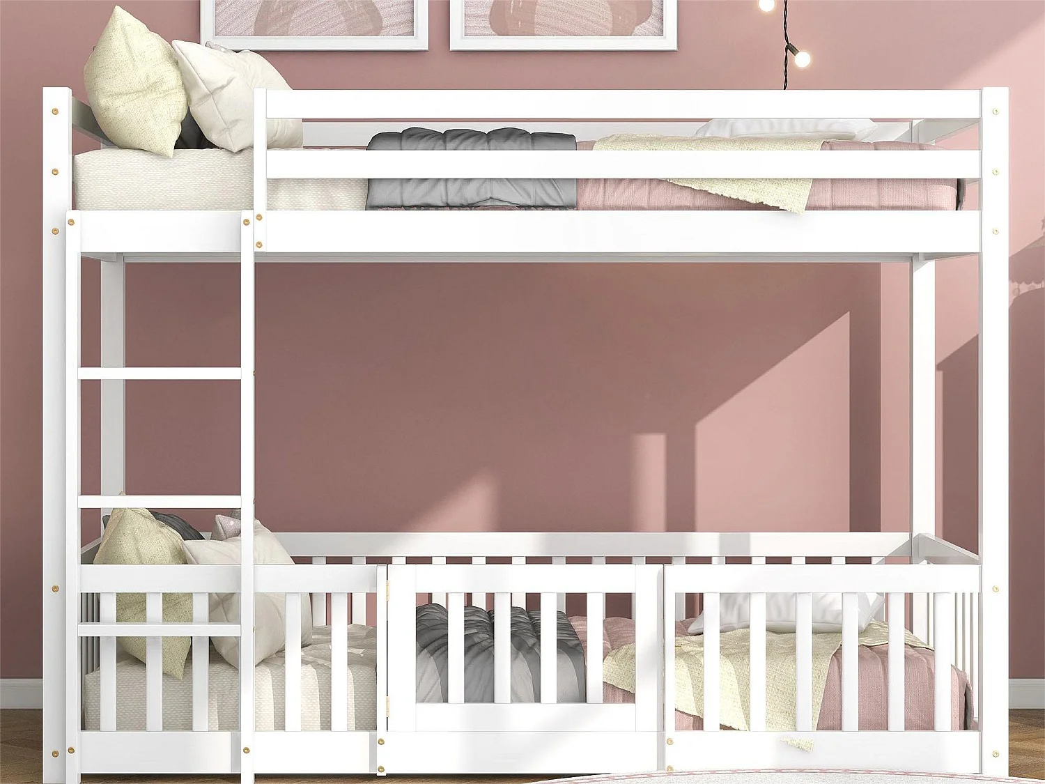 Lit superposé 2 places - 2 x 90 x 200 cm - barrières et portes - sommier à lattes - coloris blanc