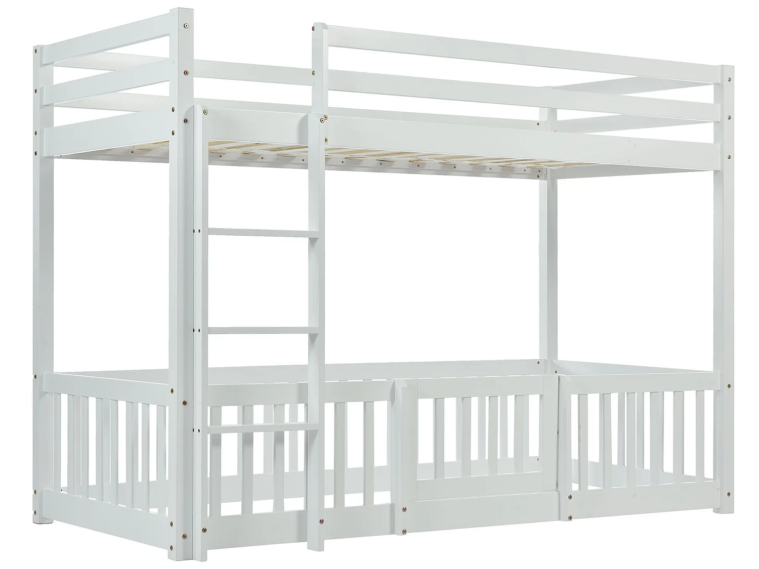 Lit superposé 2 places - 2 x 90 x 200 cm - barrières et portes - sommier à lattes - coloris blanc