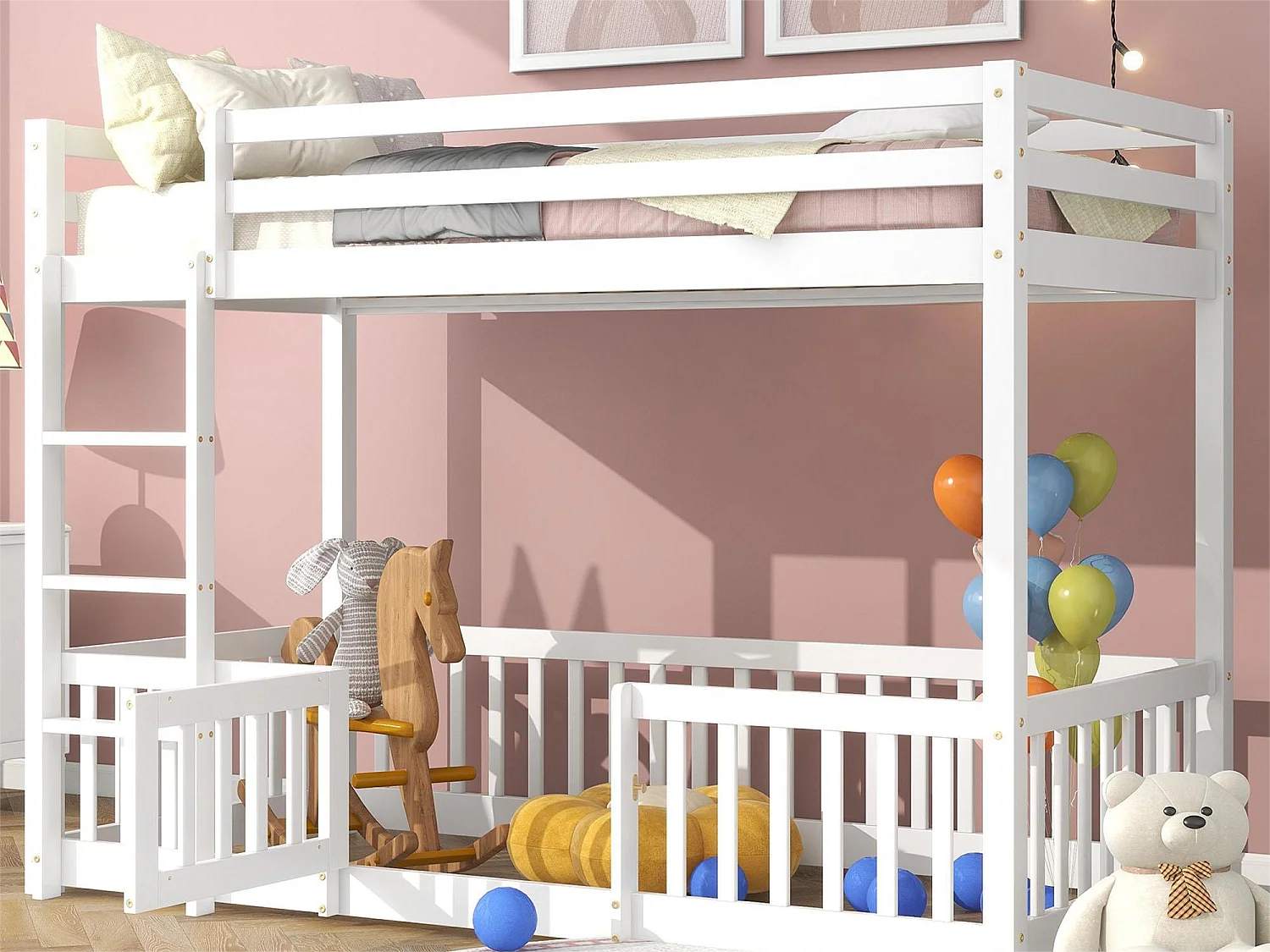 Lit superposé 2 places - 2 x 90 x 200 cm - barrières et portes - sommier à lattes - coloris blanc