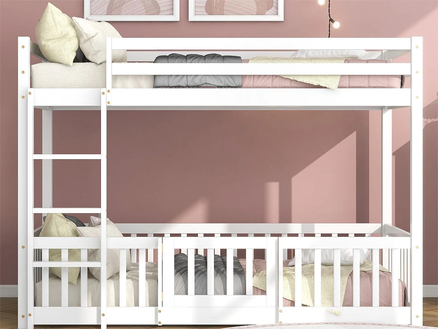 Lit superposé 2 places - 2 x 90 x 200 cm - barrières et portes - sommier à lattes - coloris blanc