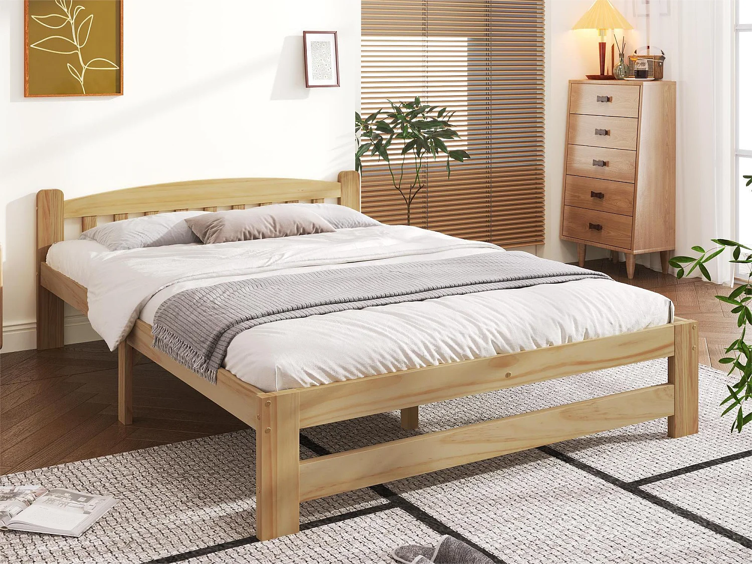 Bett mit Kopfteil – 140 x 200 cm – Massivholz – Lattenrost – Naturfarbe