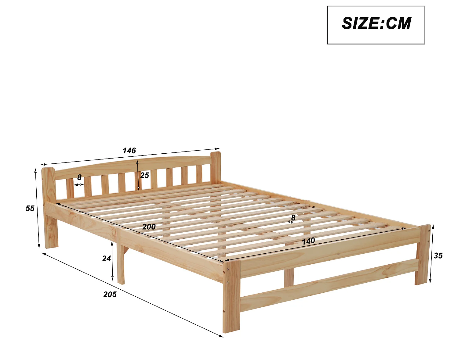 Bett mit Kopfteil – 140 x 200 cm – Massivholz – Lattenrost – Naturfarbe