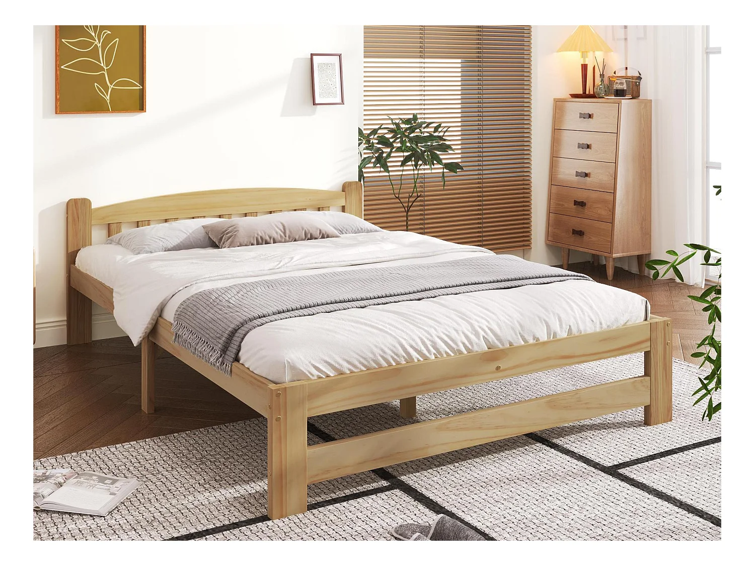 Lit avec tête de lit - 140 x 200 cm - bois massif - sommier à lattes - coloris naturel