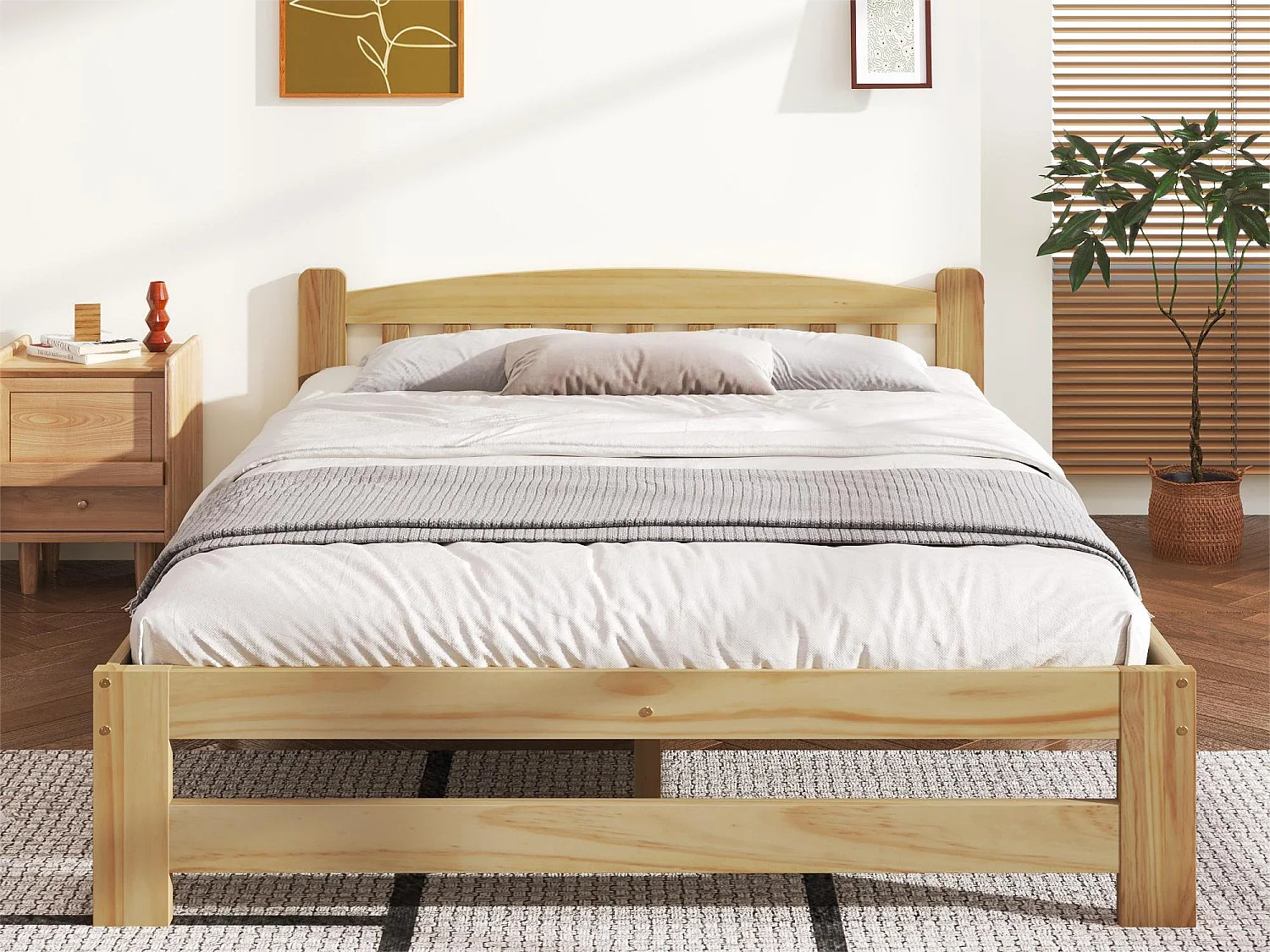 Bed met hoofdeinde - 140 x 200 cm - massief hout - lattenbodem - natuurlijke kleur